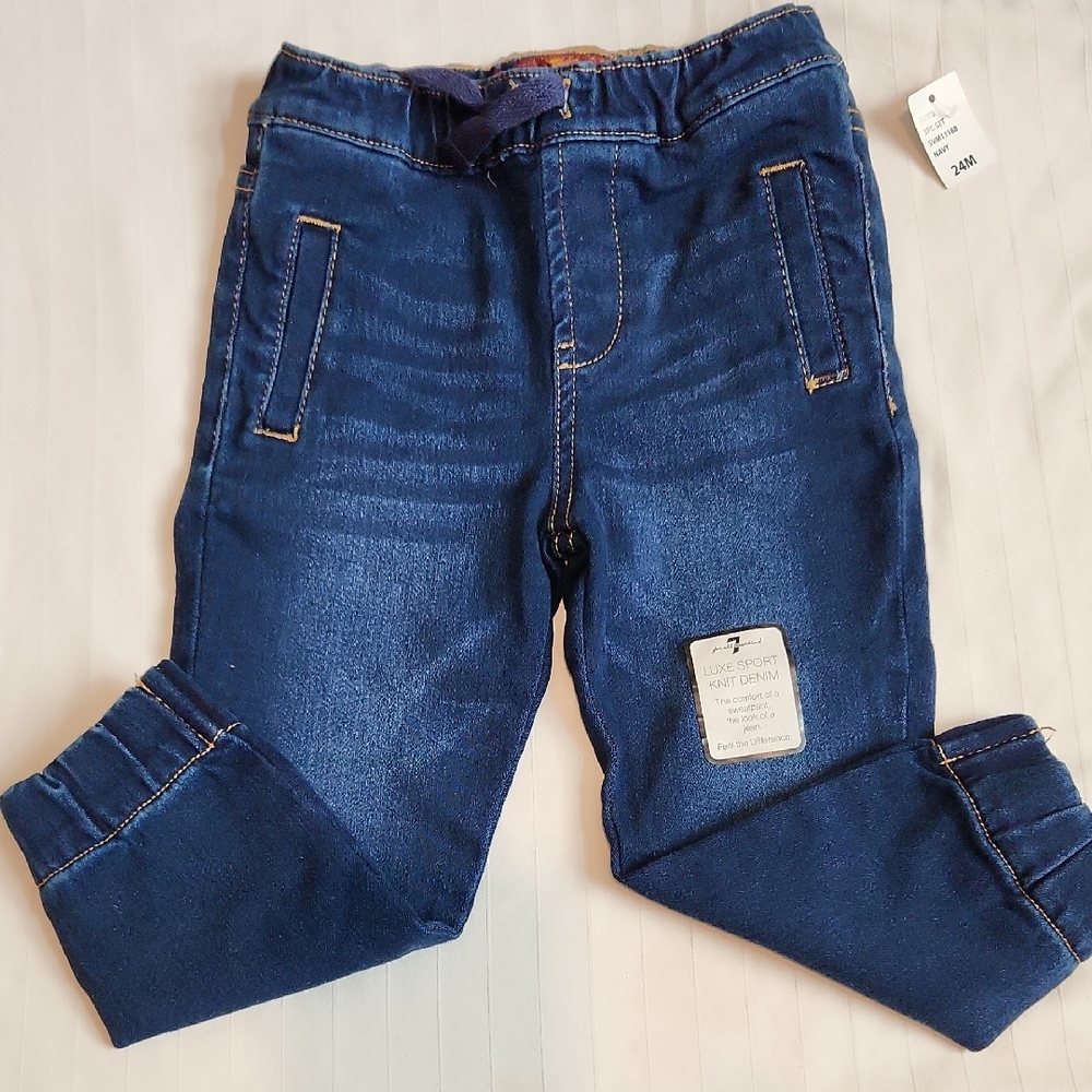 NWT 7 For All Mankind Denim Jogger Pants in Dark Blue with Gold Stitching Sz 24m